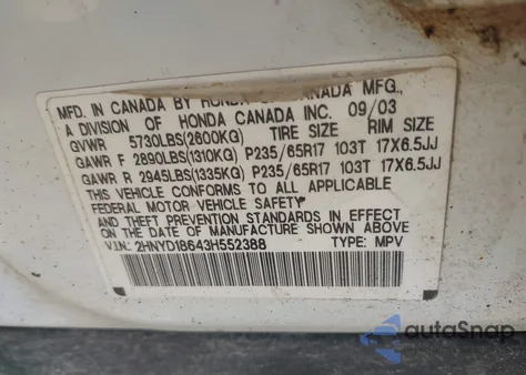 2003 Acura Mdx z USA, uszkodzony, nr VIN 2HNYD18643H552388